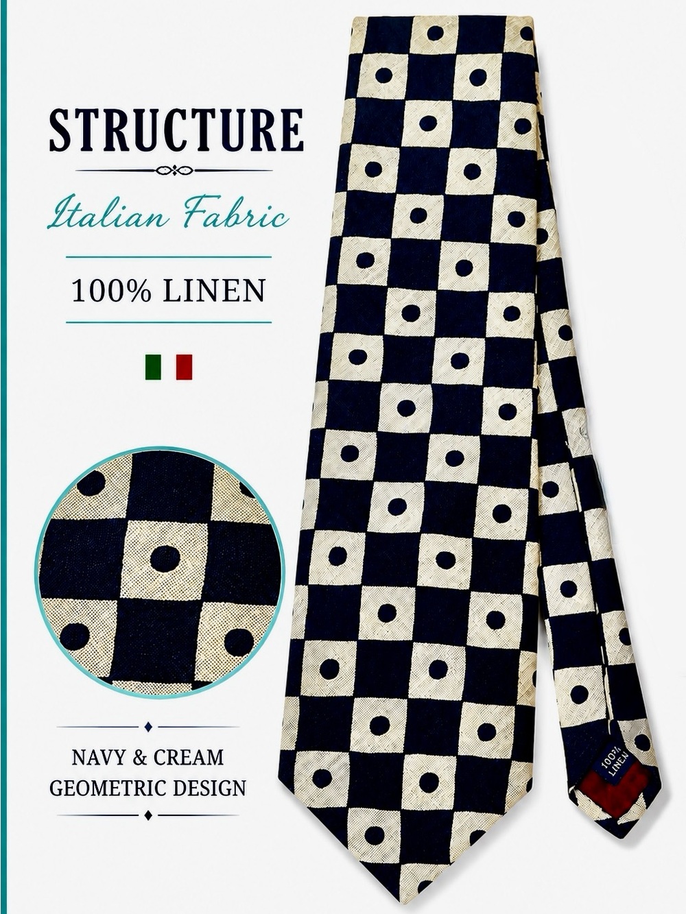 Structure Italian Fabric 100% Linen Navy/Cream Geometric Checkerboard Tie